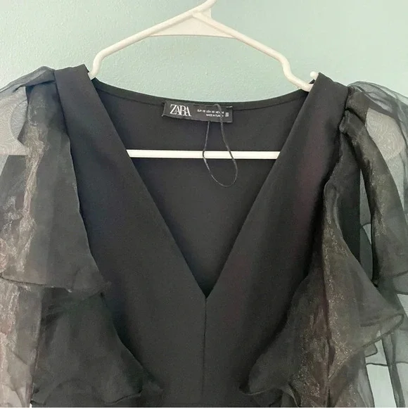 ZARA Black Mini Dress With Organza Sleeves size XS - Picture 4 of 11